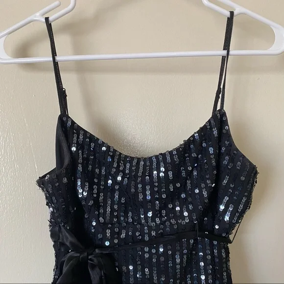 BCBG Maxazria black sequin mini party dress spaghetti strap silk bow Small S - Picture 3 of 8